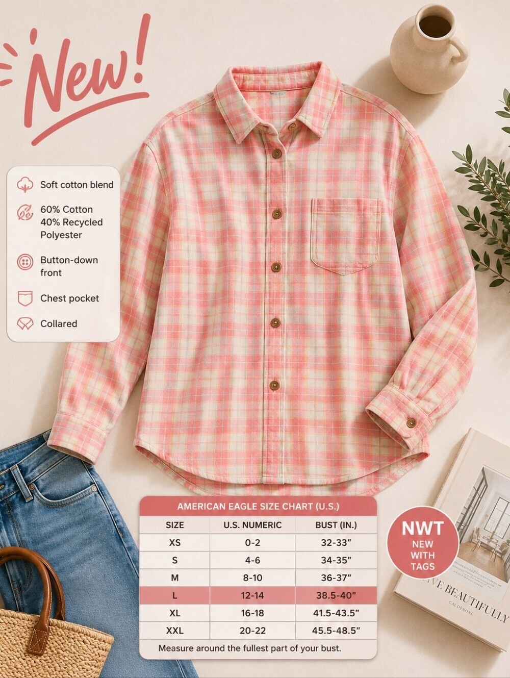 New! American Eagle Soft Coral Plaid Flannel Shacket Button Down - Picture 3 of 7